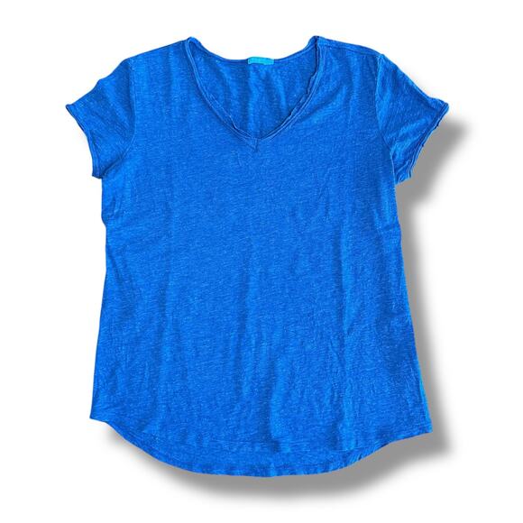 J. McLaughlin Linen Blend T-Shirt L Blue Short Sleeve V-Neck Curved Hem Tee - Picture 1 of 7